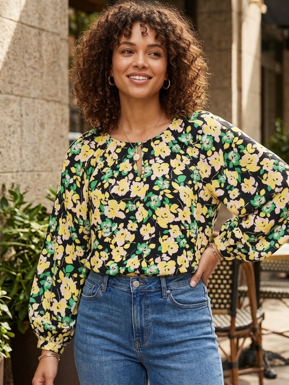 Who What Wear Yellow & Green Floral Keyhole Blouse on Black